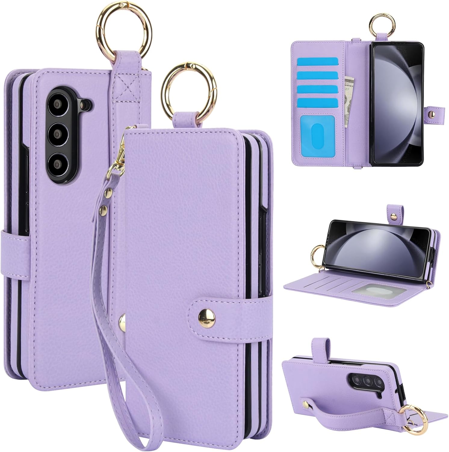 Asuwish Phone Case for Samsung Galaxy Z Fold 5 5G 2023 Wallet Cover with S Pen SPen Slot Credit Card Holder Stand RFID Blocking Slim Wrist Strap Cell Accessories ZFold5 Z5 G Fold5 5Z Women Men Purple