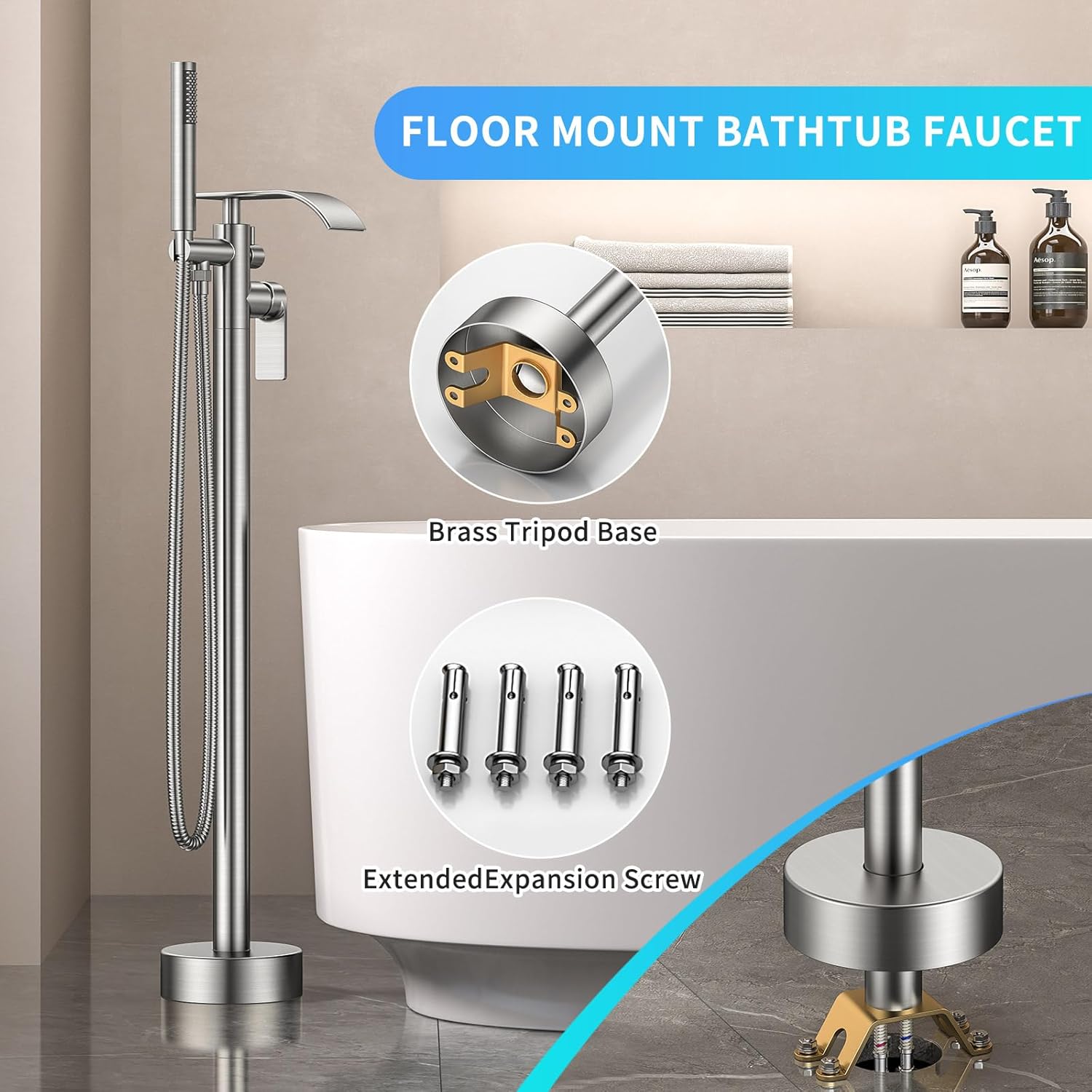 Floor Mount Bathtub Faucet Freestanding Tub Filler Standing High Flow Shower Faucets Shower Mixer Taps,Free Standing Bathroom Faucets Swivel Flat Waterfall Spout Brushed Nickel