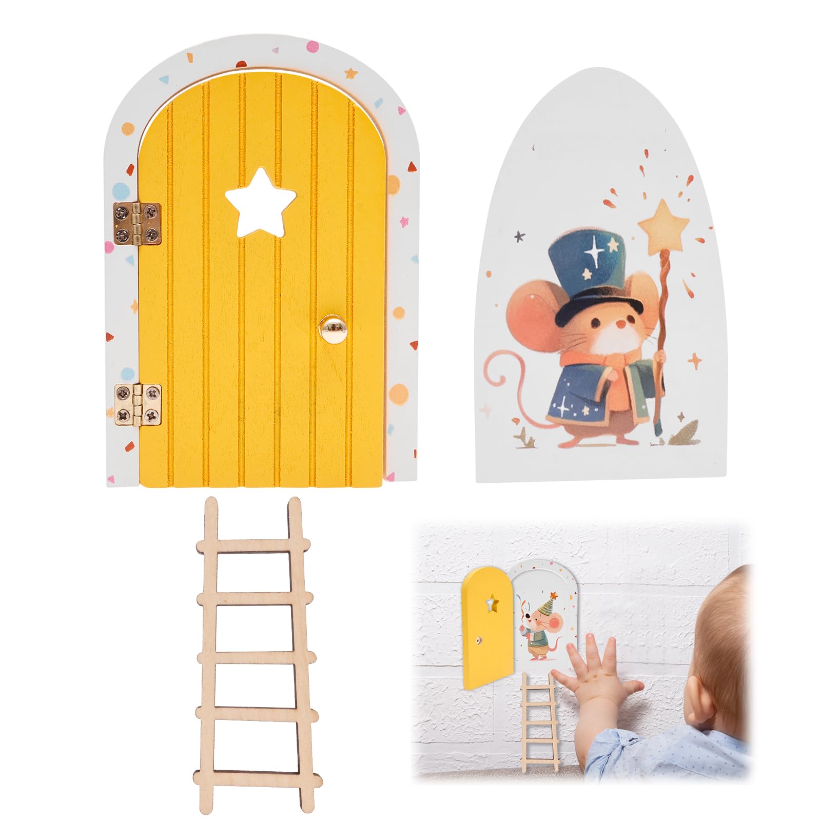 Miniature Fairy Door with Ladder Wooden Magical Tooth Fairy Door Handmade Children's Room Decorations Elf Mouses Miniature Tiny Doors for Kids’ Imaginative Play, Handmade Fantasy Storytelling Use