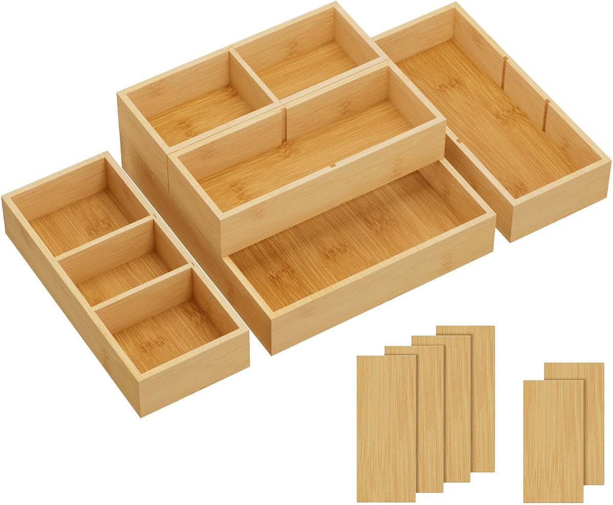 Lifewit Drawer Organizers 5 Pack(11 Grid) with 6 Inserts | Adjustable Bamboo Wooden Trays for Utensils, Silverware, Makeup, Kitchen, Bathroom, Office, Vanity Storage
