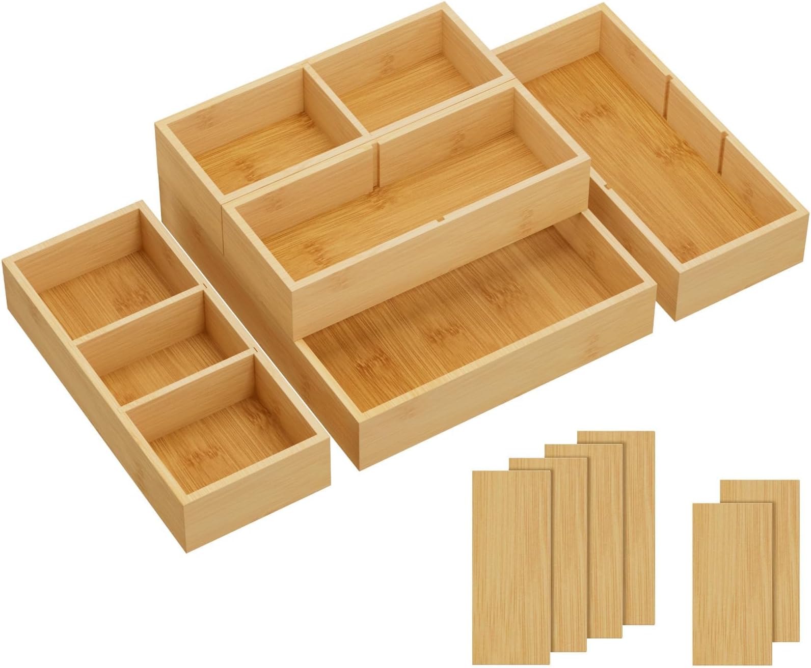 Lifewit Drawer Organizers 5 Pack(11 Grid) with 6 Inserts, Adjustable Bamboo Wooden Drawer Dividers, Stackable Storage Box for Utensils, Silverware, Makeup, Junk in Kitchen/Bathroom/Office/Vanity