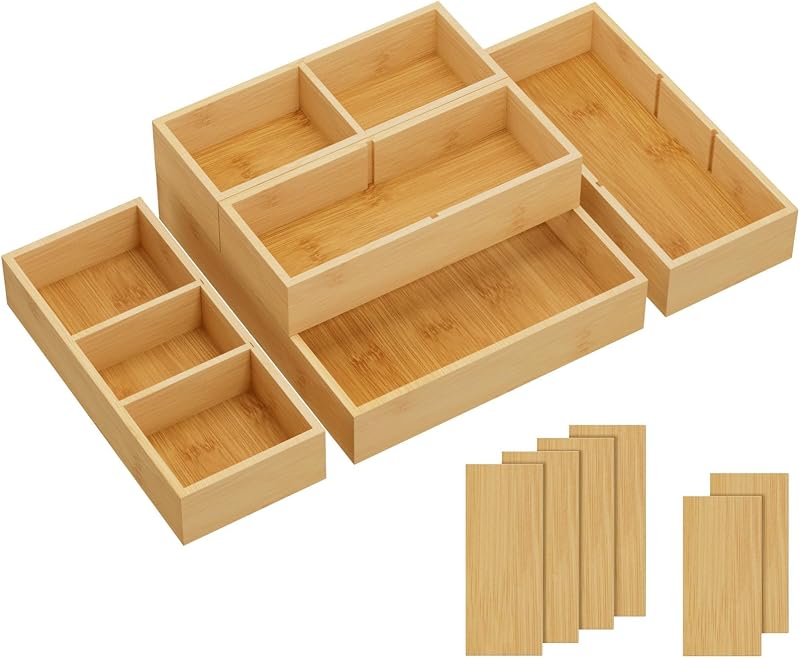 Lifewit Drawer Organizers 5 Pack(11 Grid) with 6 Inserts | Adjustable Bamboo Wooden Trays for Utensils, Silverware, Makeup, Kitchen, Bathroom, Office, Vanity Storage