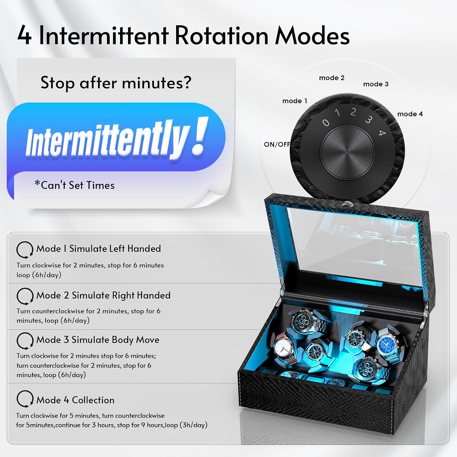 6 Slots+6 Storage Watch Winder for Automatic Watches, (Vyperlux) | 6 Mabuchi Winder+ 6 Extra Storage, Serenity Blue Backlight, Leather Shell Velvet Lining, Open Lid Stop Tech, 4 Modes Rotates