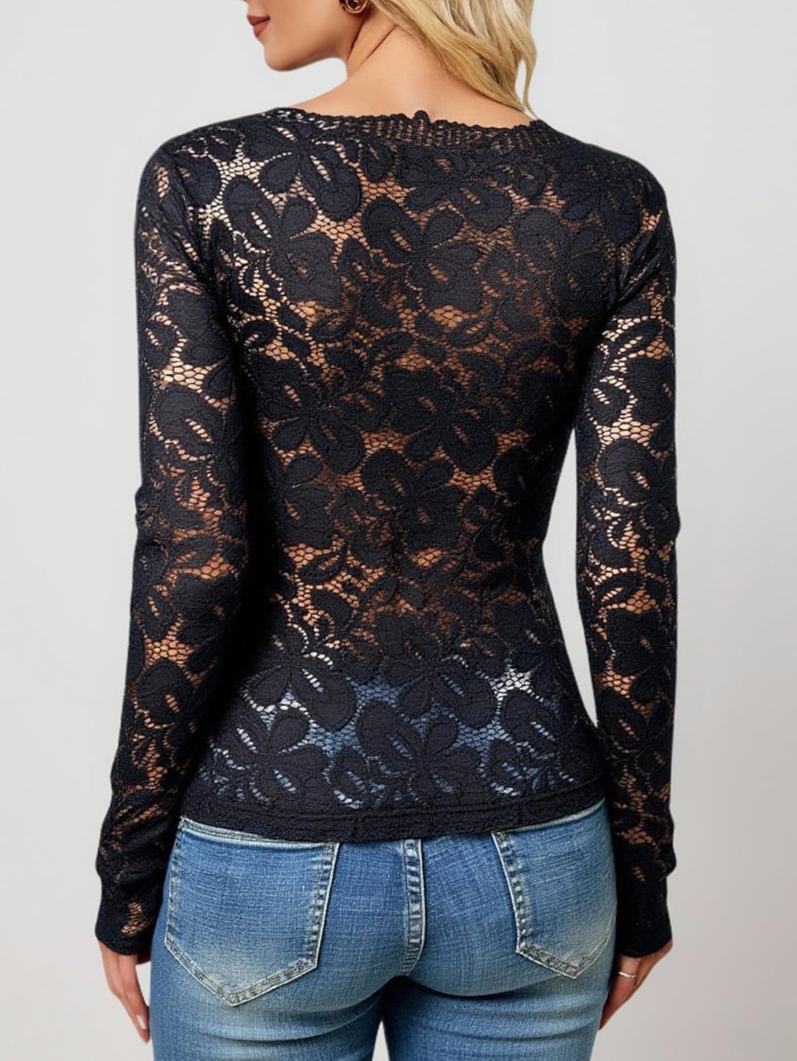 Women's Lace Off The Shoulder Tops Sheer Long Sleeve Fitted Evening Blouses Going Out Outfits - Image 2