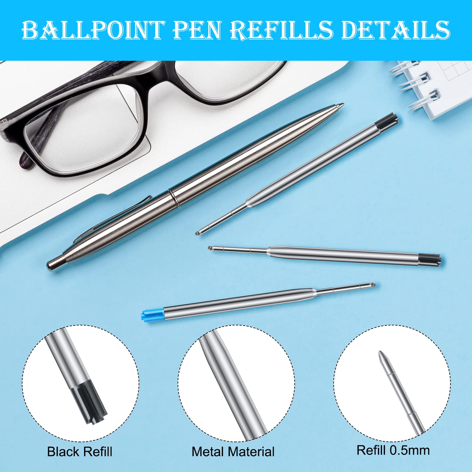 OFFCUP Gel Pen Refills, 20pcs Replaceable Metal Ballpoint Pens, Medium Point - Image 3