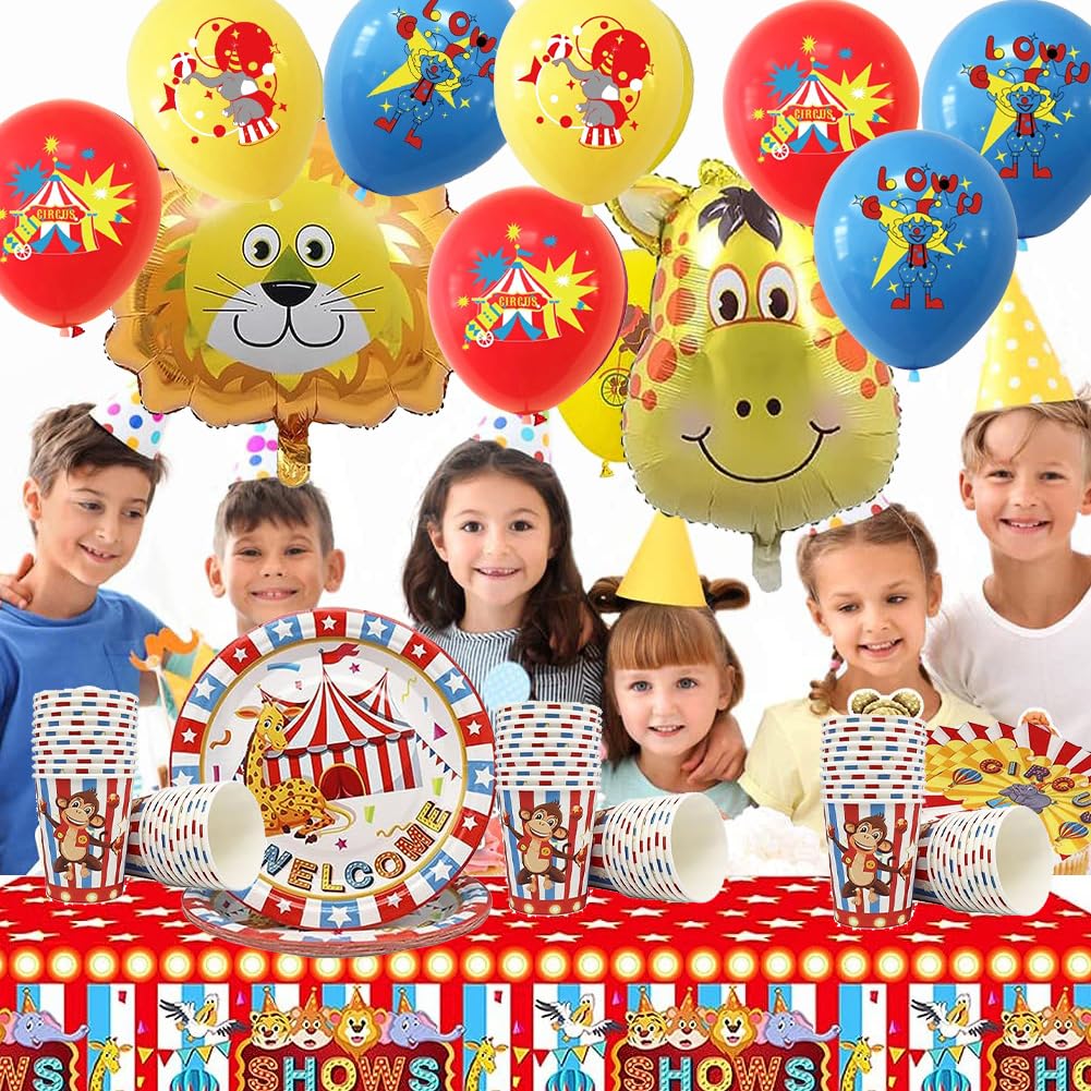 Carnaval feestdecoratie voor 20 gasten, Circus servies inclusief Carnaval papieren borden, Welcome to Circus tafelkleed, servetten voor Circus Carnaval feestdecoratie, kinderverjaardagsfeestje