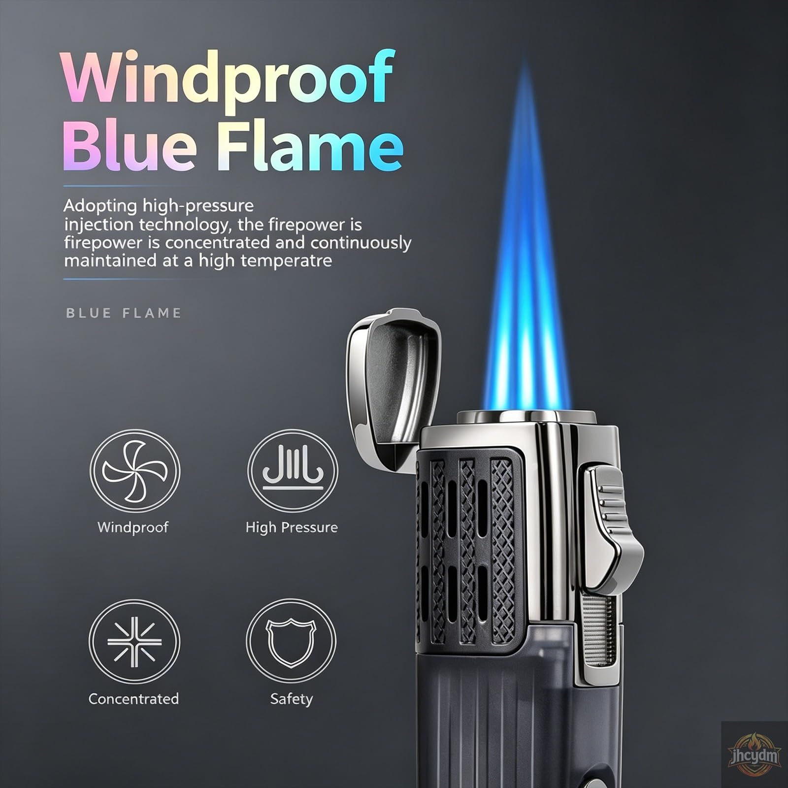 Three-flame torch lighter, large visible fuel tank, adjustable flame size, portable butane windproof lighter, suitable for outdoor picnics and as a gift.