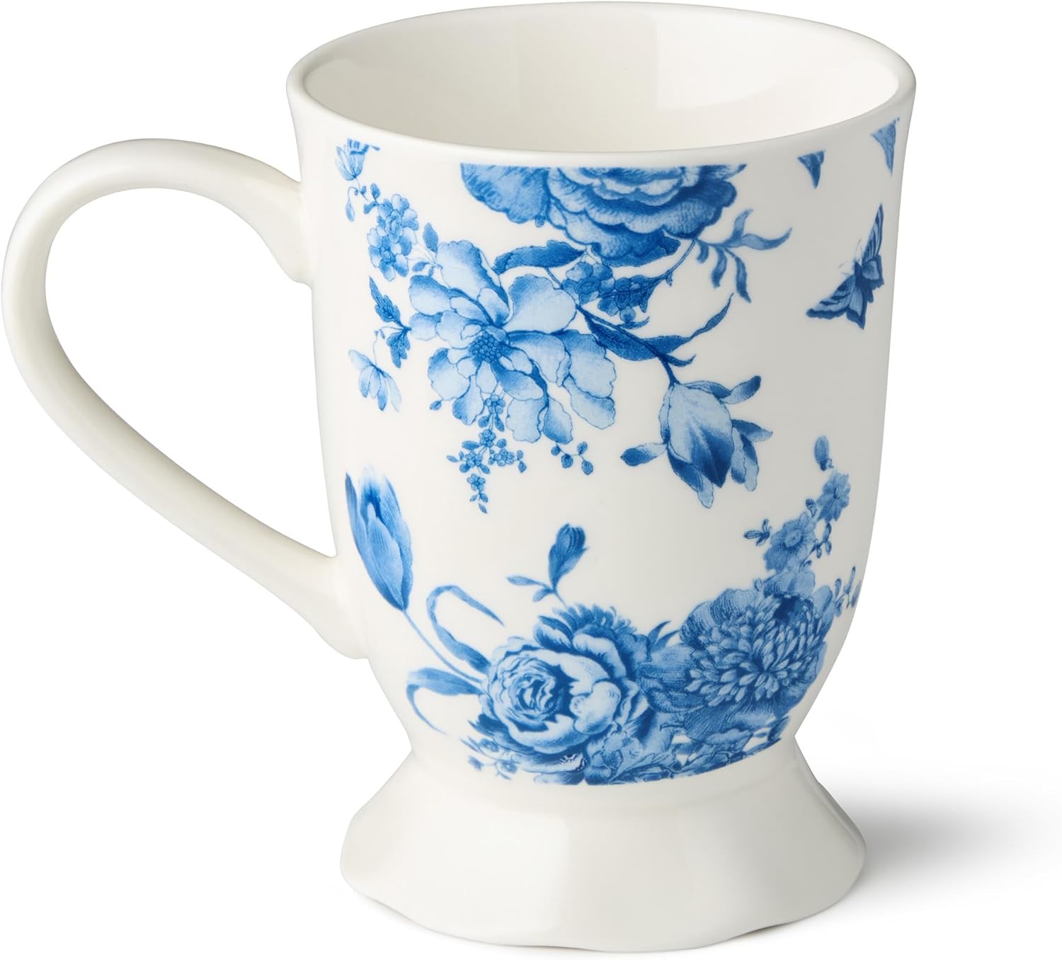 Gabrielle Blue Porcelain MUGS,SET of 6, 14 oz assorted scalloped floral toile mugs, classic blue and white drinkware for coffee, tea, cocoa, brunch and timeless everyday kitchen styling