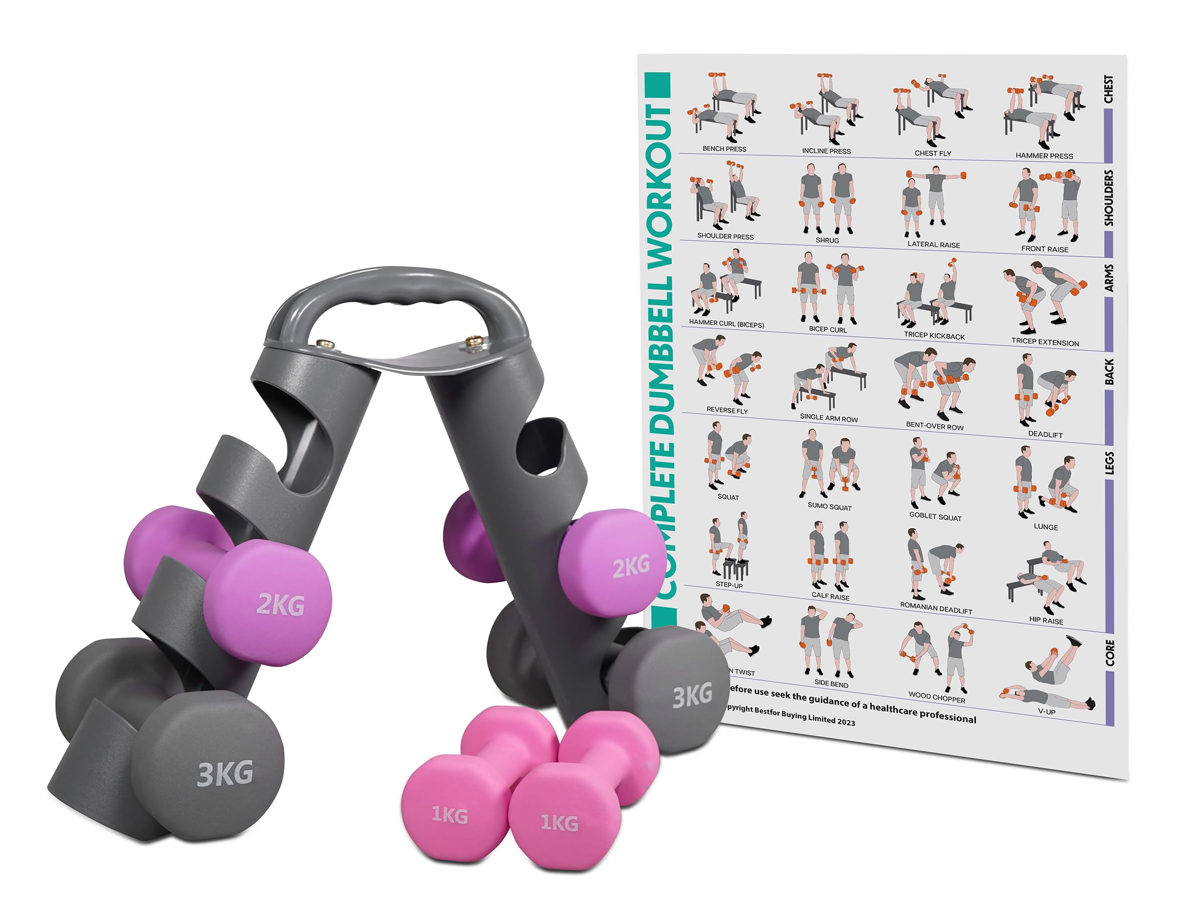 Bestfor Neoprene Dumbbell Weights Set with Multi Positional Exercise and Carry Bracket, Home Gym, Training Workout for Fitness, Strength, Muscle, Sure Grip, Anti Roll Men, Women 9/12Kg Fitness Chart