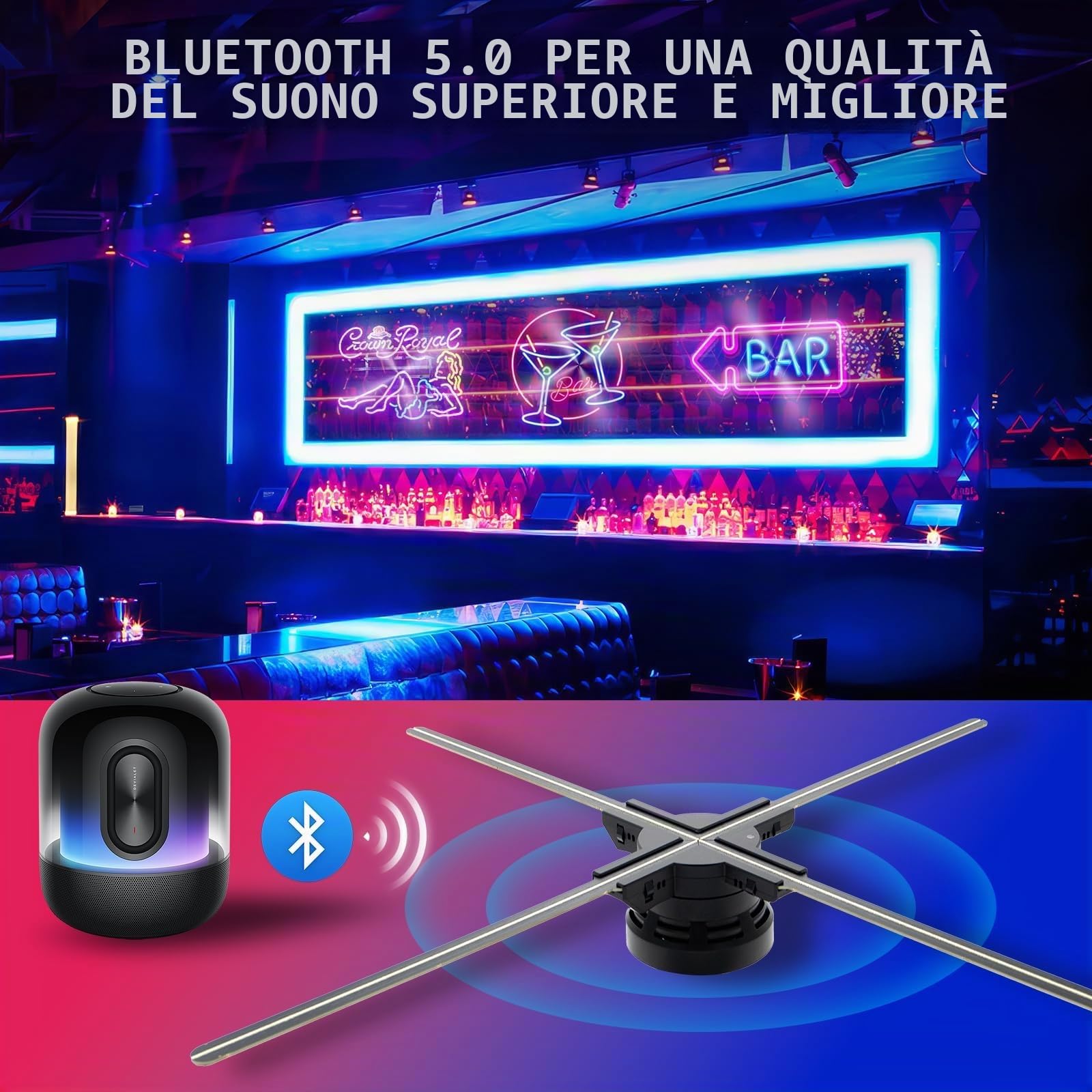 Proiettore ologramma 3D da 50 cm con WiFi e Bluetooth, ventilatore ologramma 3D con 560 LED e 2200 cd/m² e 1500 video 3D, ventilatore ologramma per mostre, centri commerciali, cinema