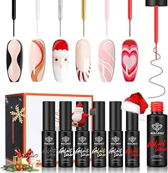 modelones Gel Polish Nail Art Gel Liner Set-8ml, 6 Colors White Black Pink Red Gold Silver Glitter Gel Nail Polish for French Tip Swirl Painting Soak Off Built in Thin Brush Summer Nail Designs Gift