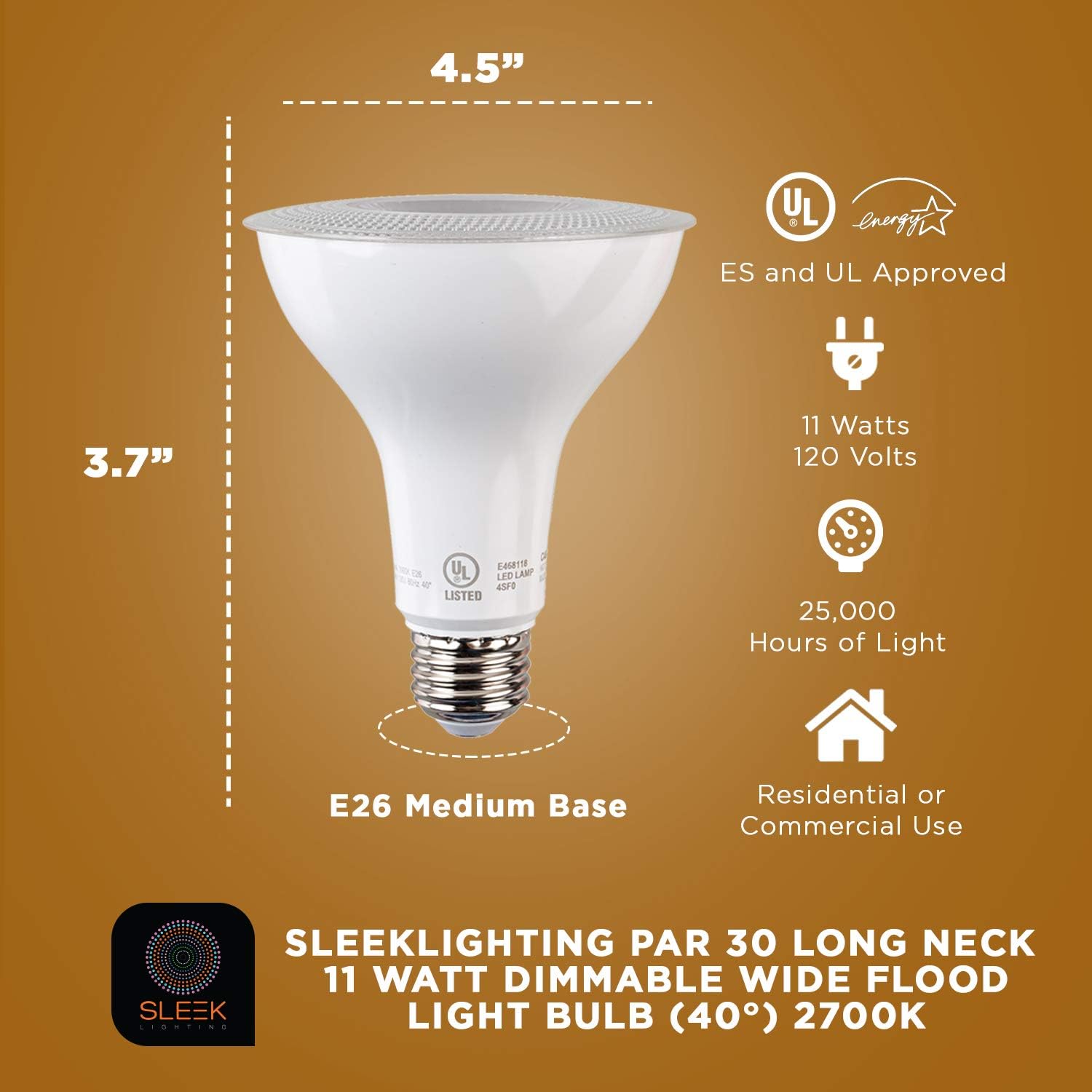 SLEEKLIGHTING LED Par 30 Long Neck,11 Watt(75 Watt Equivalent),850Lumens,Dimmable Wide Flood Bulb, Indoor/Outdoor, Recessed Lighting, Spot Light,E26,ES&UL Wet Location 4Pack (2700K)
