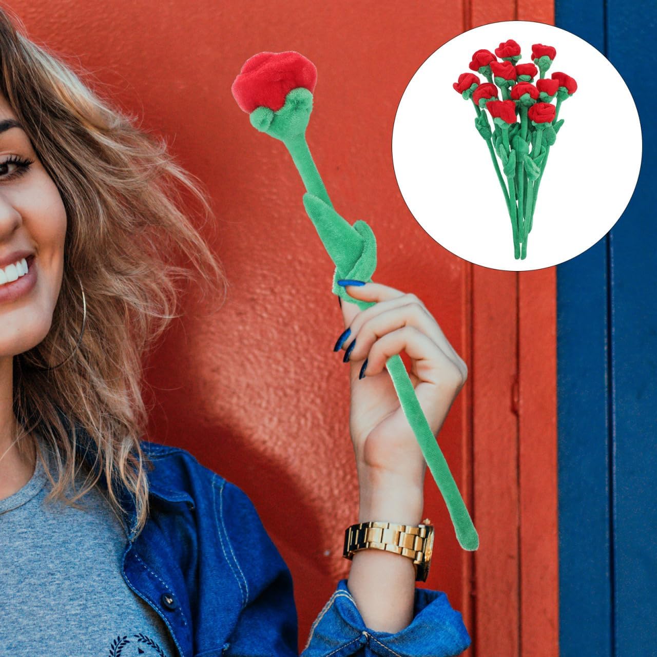 DECHOUS 12Pcs Plush Rose Flower: Stuffed Plush Flower Bouquet with Bendable Stems - 12 Inch Soft Bendy Red Rose Bouquet for Mother's Day Birthdays Graduation Girl Wife