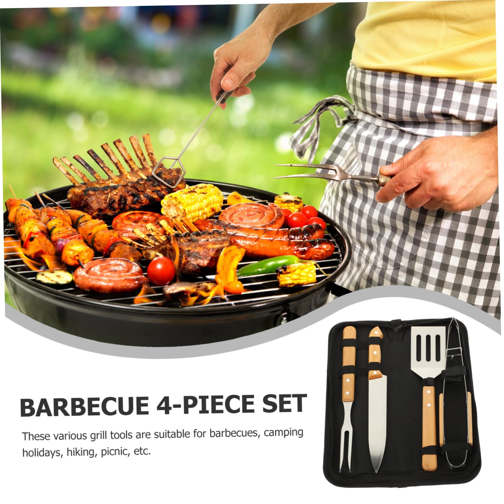 Toyvian Ensemble Ustensiles Cuisine de Camping en Acier Inoxydable 4 Pièces Poignée Antidérapante, Pratique et Portable pour Barbecue Extérieur et Camping