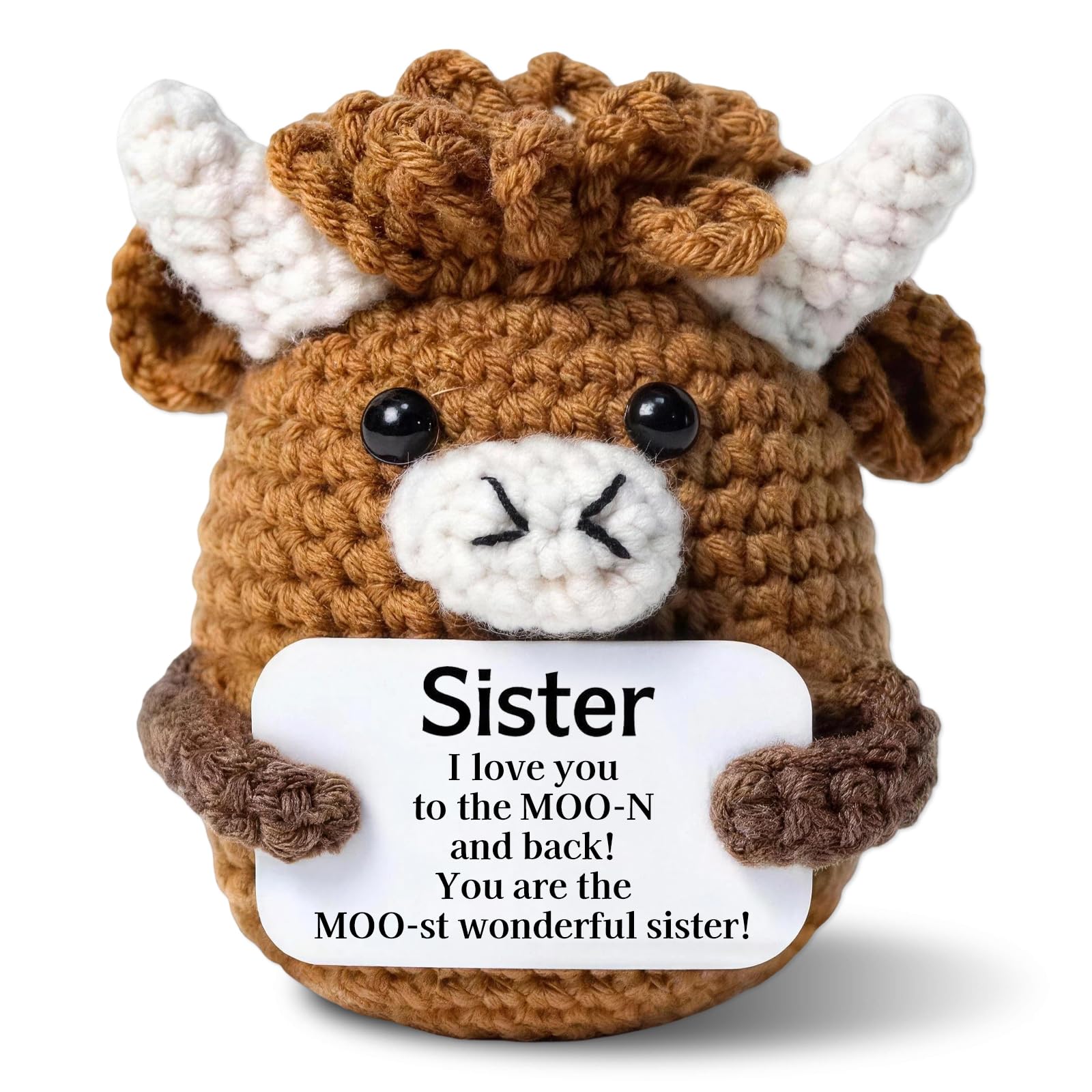 Wsndyjia Positive Crochet Animals Highland Cow Gifts of Desk Decor, Emotional Support Crochet Gift for Sister, Highland Cow Stuffed Animal Cheer up Gifts (S) — image 1