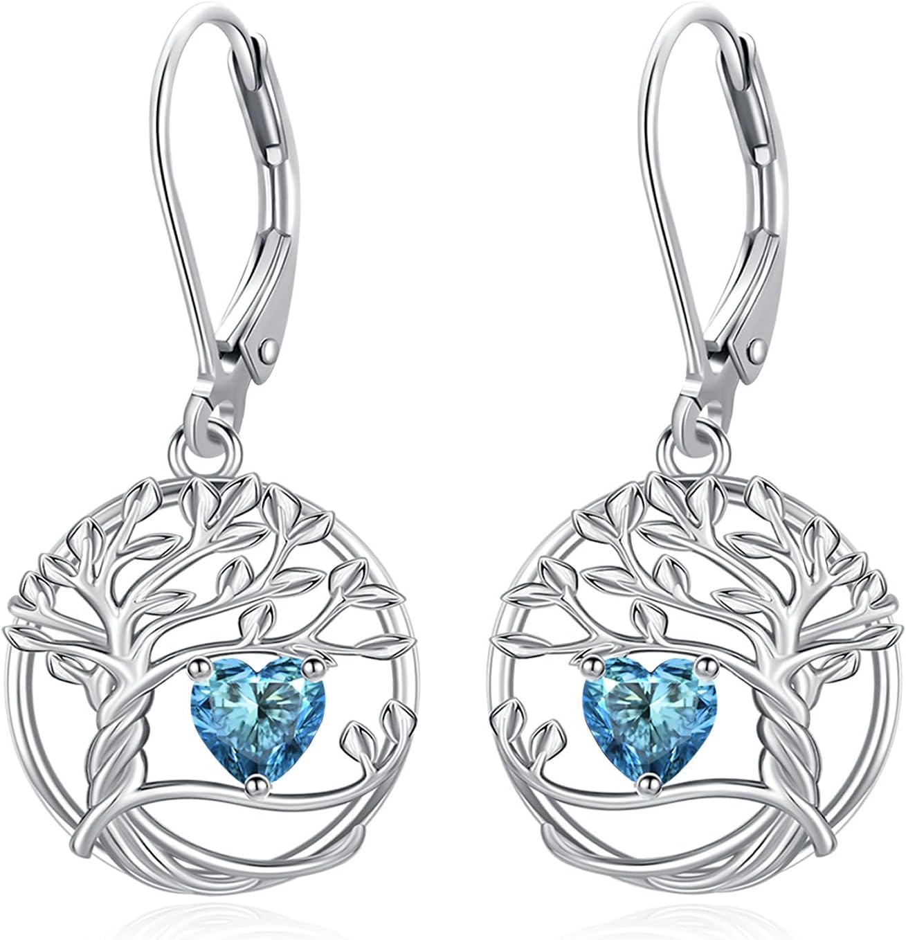 Eusense 925 Sterling Silver Tree of Life Birthstone Earrings Heart Dangle Drop Earrings Christmas Jewelry Gifts for Women