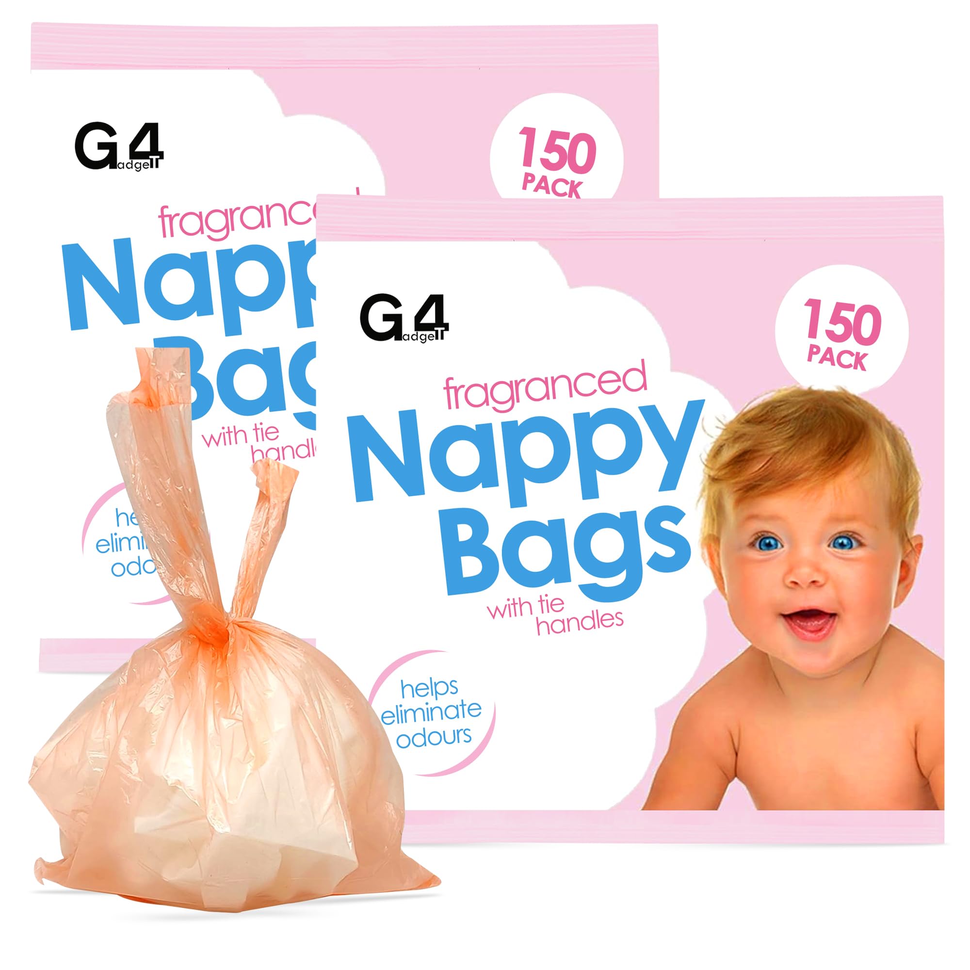 G4GADGET 300 Nappy Bags, Extra Strong Disposable Diaper Sacks with Tie Handles, Odour Neutralizing & Leakproof