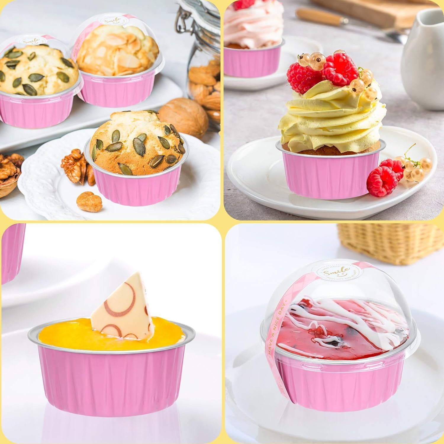KAHEIGN 50 Pezzi Mini Teglie per Pane con Coperchi e Cucchiai, 150ml Pentole Rotonde in Foglio di Alluminio con Adesivo Sigillante per Pane Torta Nozze Compleanno Picnic Festa (Rosa Argento)