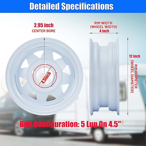 Miniatura 3 de Paquete de 2 neumáticos de remolque 480-12 4.80x12 4.80-12 4.8-12 4.8-12 con llantas de 12 pulgadas, 5 lengüetas en 4.5 pulgadas, rango de carga C