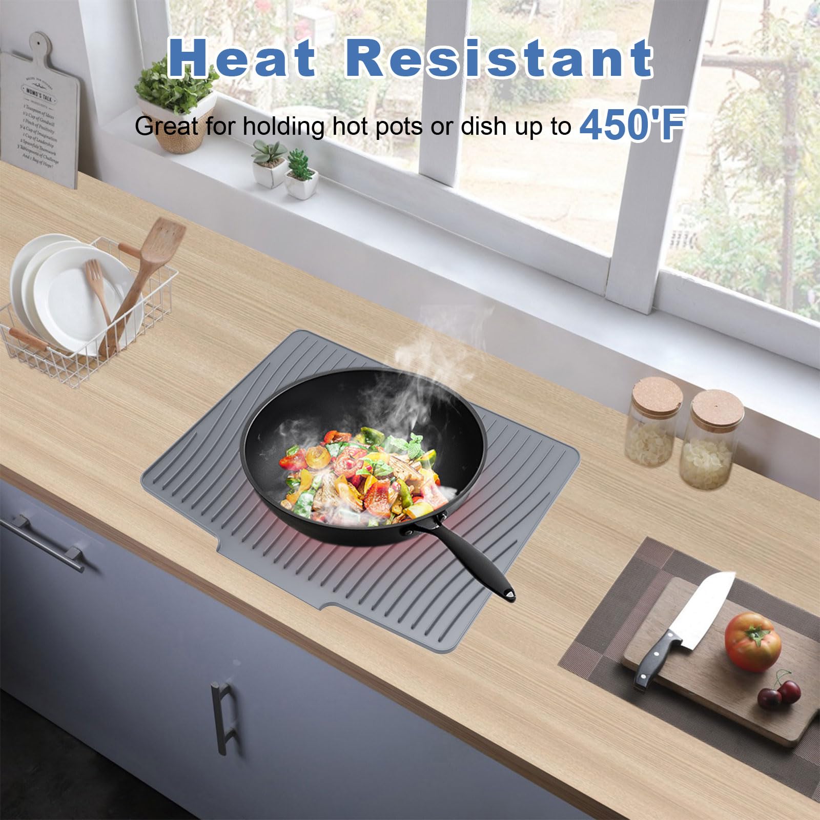 Silikon-Abtropfmatte mit Ablauflippe, 60 x 45 cm, rutschfeste Silikon-Abtropfmatte für Küchentheke, hitzebeständig, schnell trocknend, selbstentleerend, Abtropfmatte, Brett, Grau