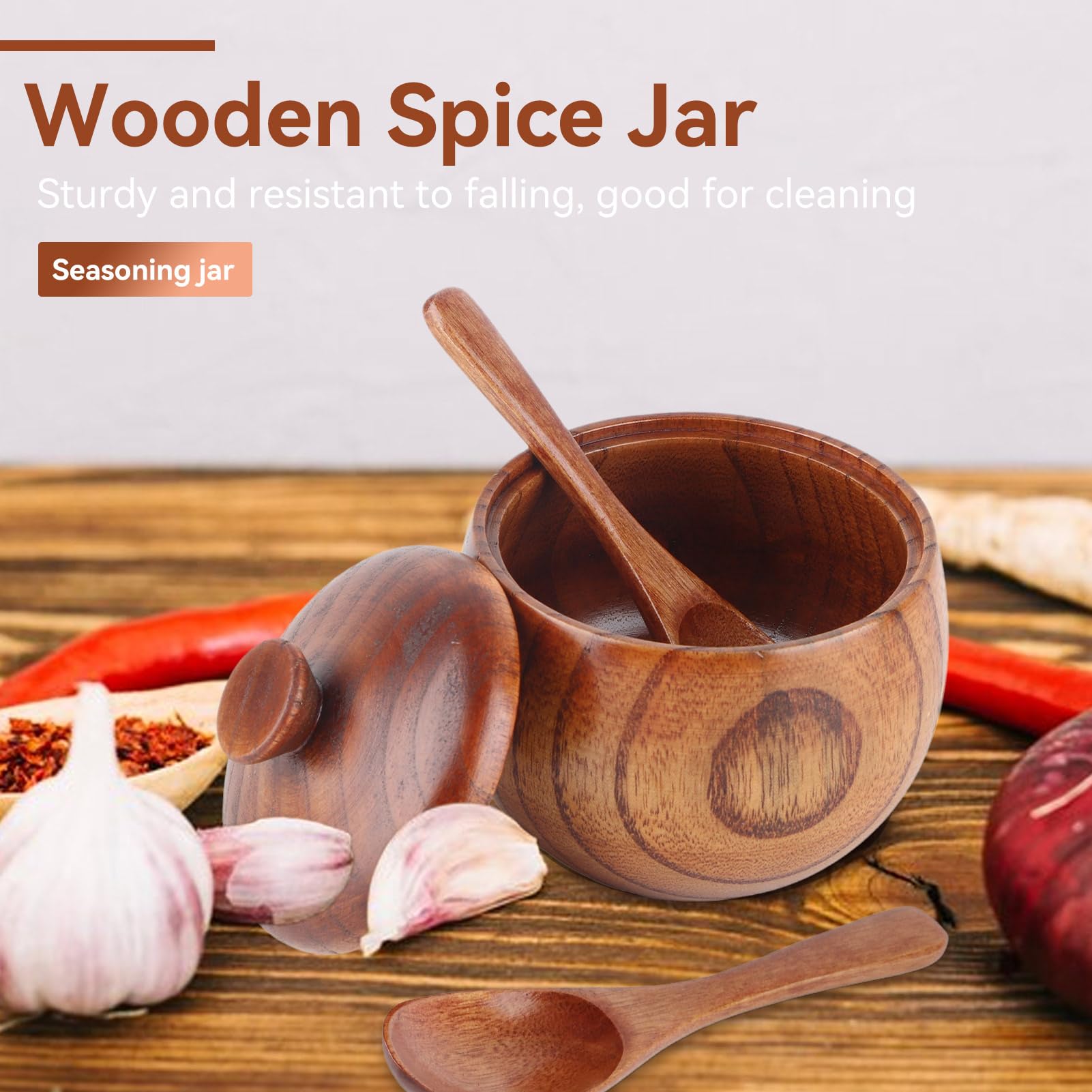 Agatige Sugar Bowl, Salt Box Solid Wood Seasoning Containers with Lid and Spoon for Kitchen Tool