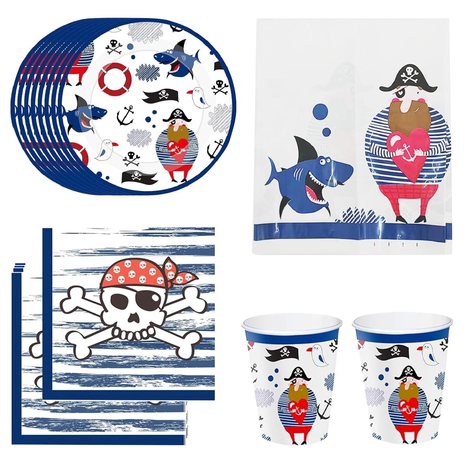 Pirate Party Tableware Set for 16 Guests, Pirate Theme Birthday Decorations Halloween Party Tableware Pirate Party Paper Plates Cups Napkins and Tablecloth