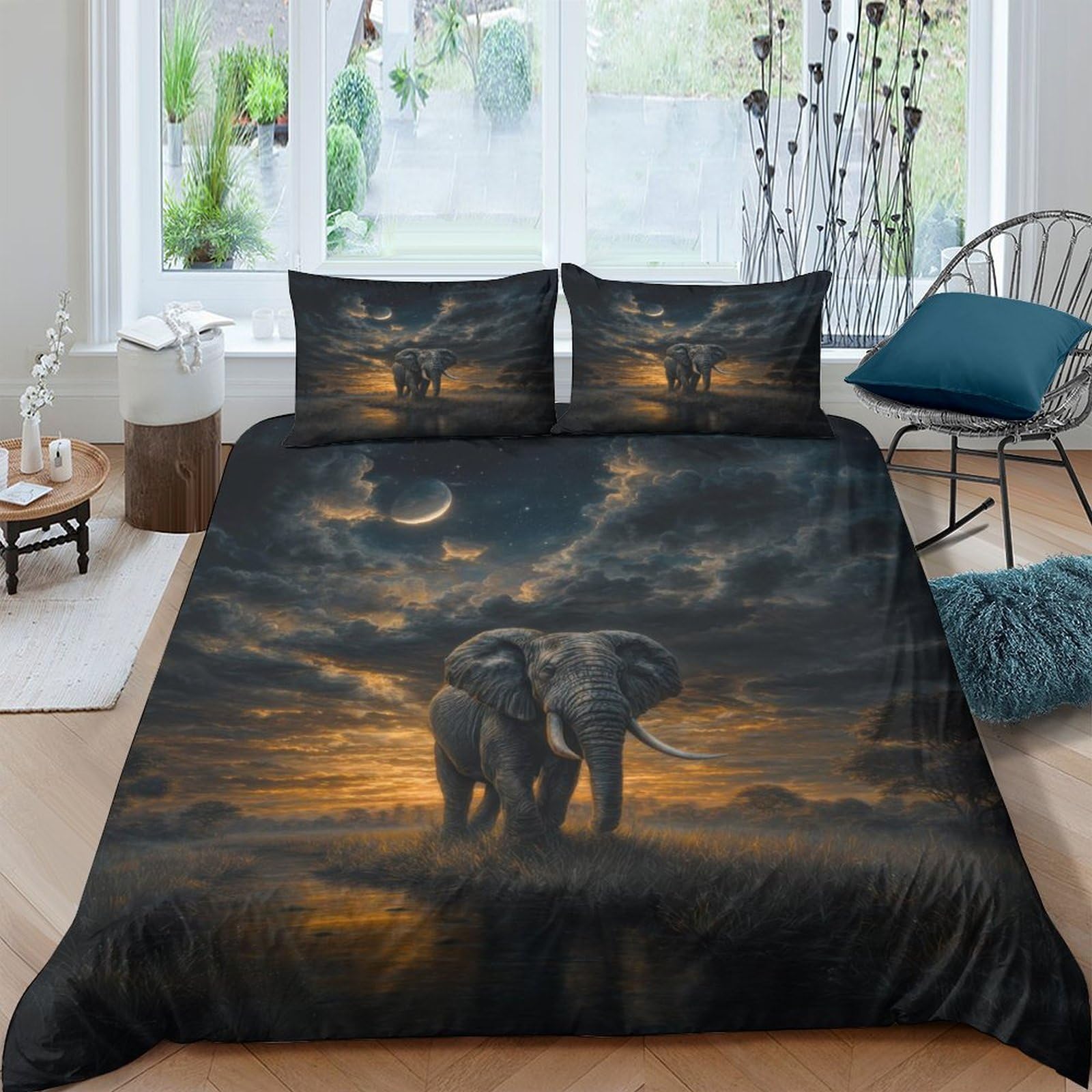 Ctjqhvkz Style-2 3D Printed Elephant Sunset Fitted Sheet Microfiber Slip-Resistant African Landscape Mattress Cover For Bedroom Guest Room Decor, Easy Care Single（135X200cm）