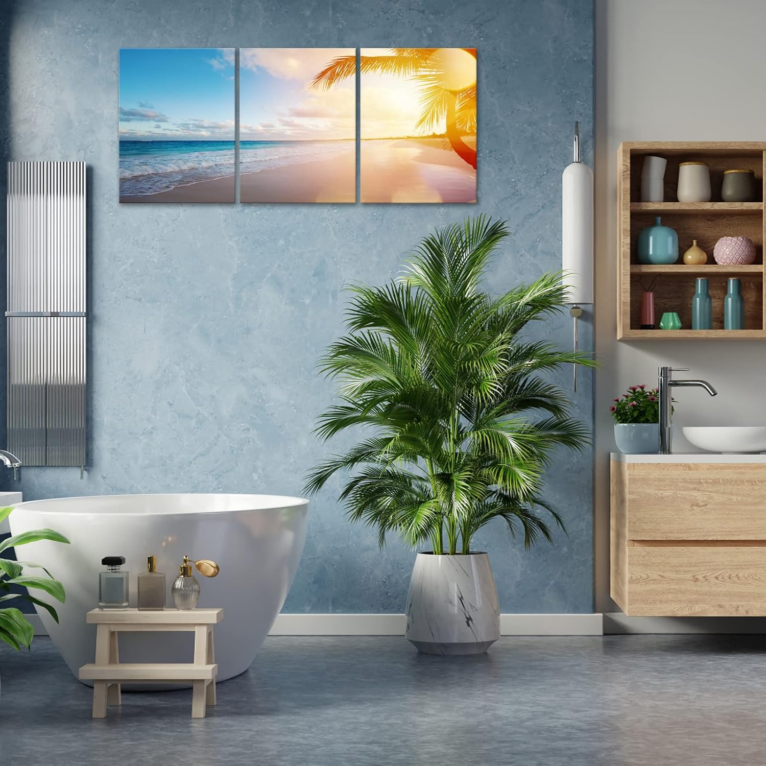 KAWAHONE Ocean Beach Canvas Wall Art, Sunset Blue Sky Landscape Coconut Tree Poster Framed, Canvas Painting Printing Picture for Home Bedroom Bathroom, 12" x 16" x 3 PCS 3p-lanhai 12" x 16" x 3 PCS