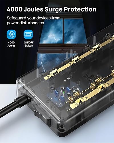 Miniatura 5 de TROND Regleta protectora de sobretensiones, 4000J, 12 tomas ampliamente espaciadas con 4 puertos USB, cable de extensión de enchufe plano de 5 pies,