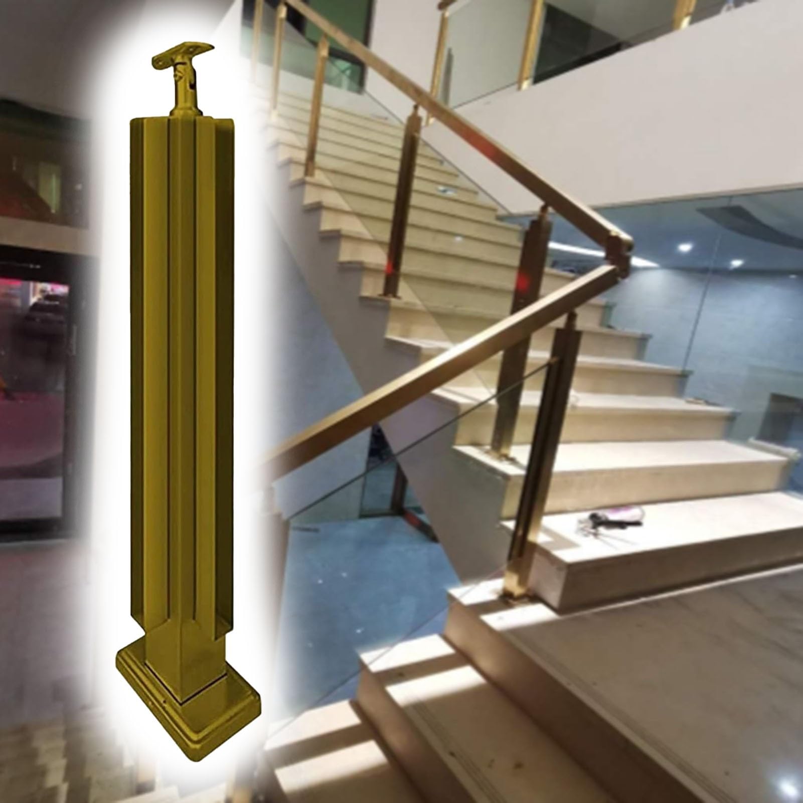 Poste cuadrado para barandilla de vidrio dorado de 110 cm de altura