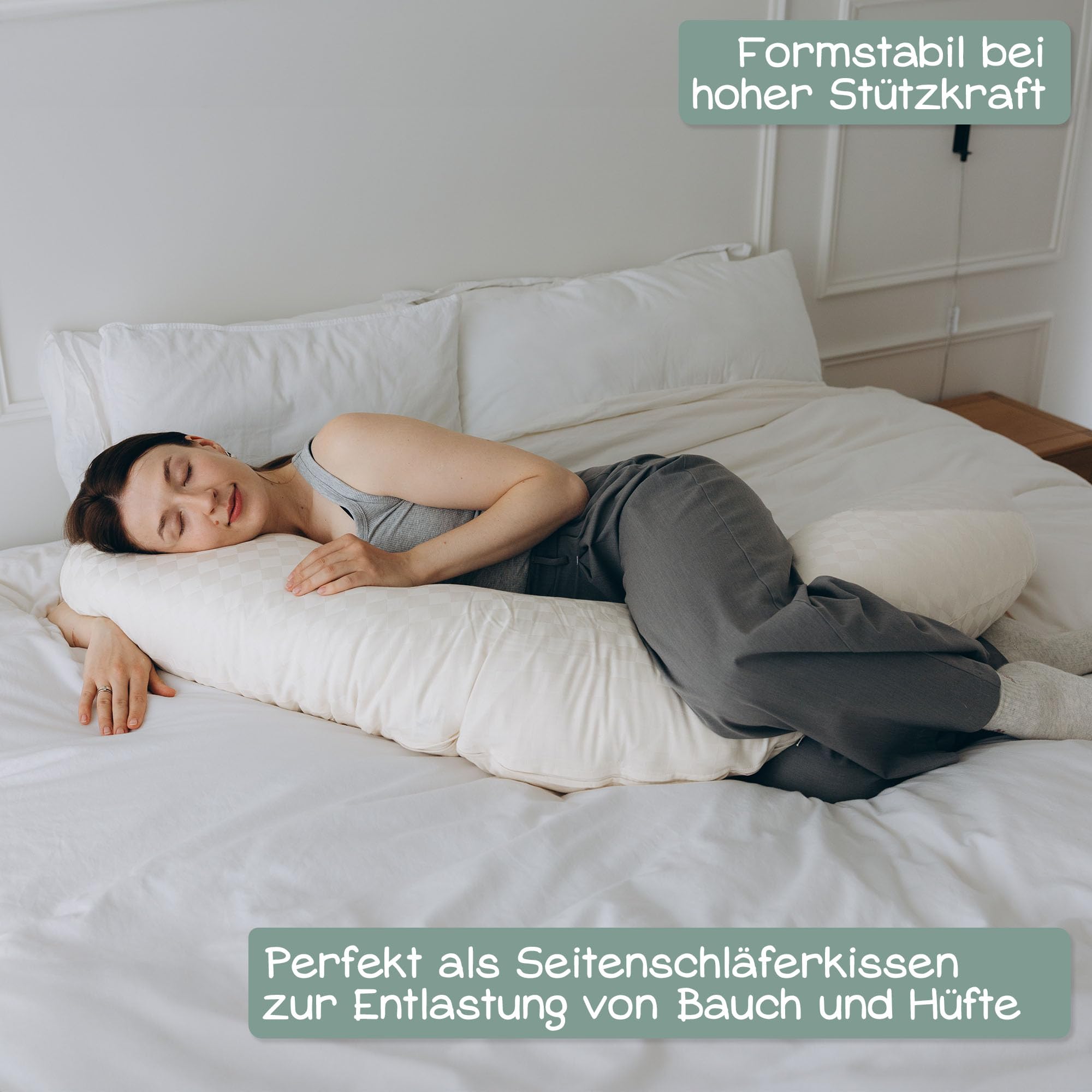 Stillkissen XXL Bio Baumwolle (Öko-Tex 100) mit Kapok Füllung (190x30cm) créme - Großes Baby-Kissen zum Schlafen, Stillen & Flasche geben, Schwangerschaftskissen & Seitenschläferkissen