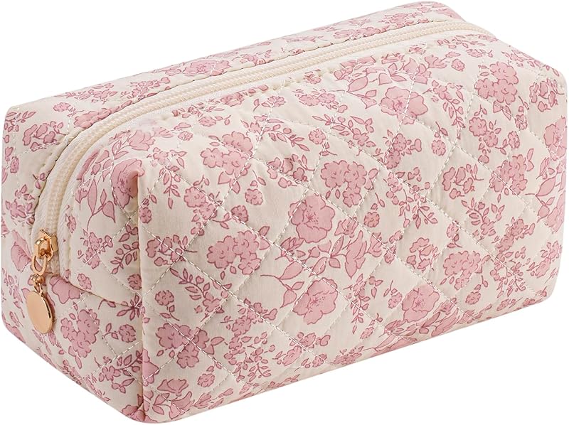 Necessaire quadrada para maquiagem JOVAKIT com zíper, estampa floral rosa-claro