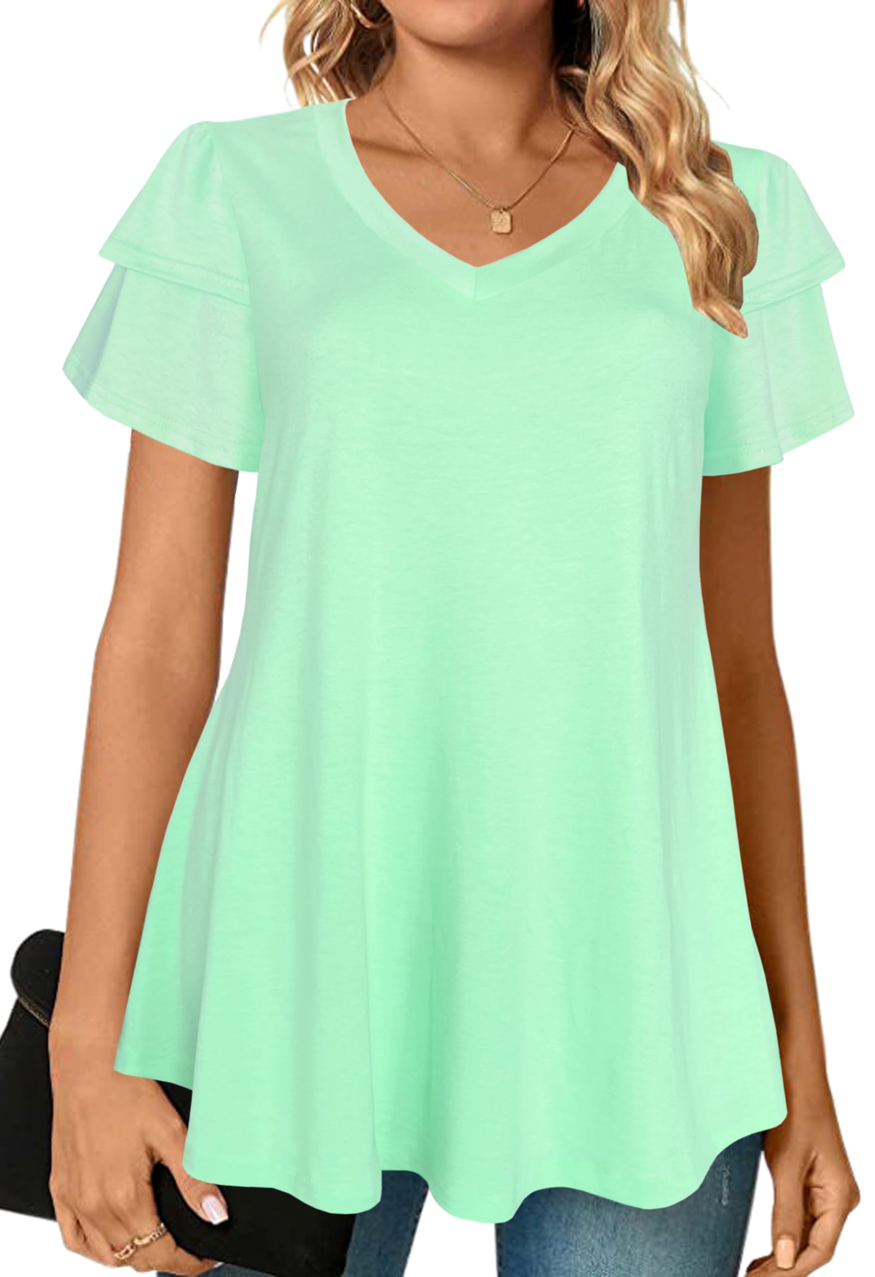 Afibi Womens Summer Tops Ruffle Short Sleeve V Neck T-Shirts Casual Loose Fit