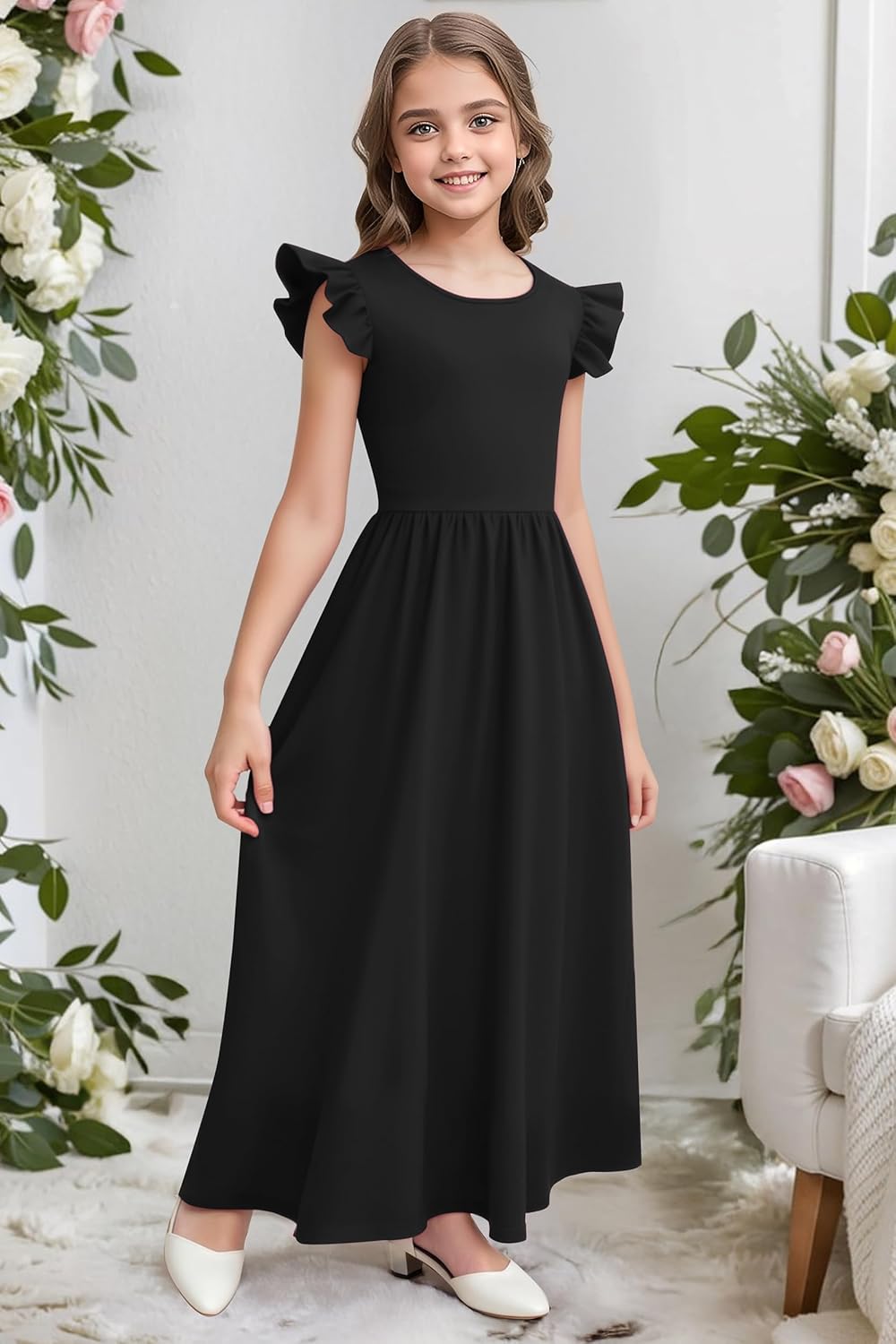 Girl's Dress Summer Boho Floral Flutter Sleeve Party Casual A Line Vacation Maxi Dress 9-14 Years - Image 4