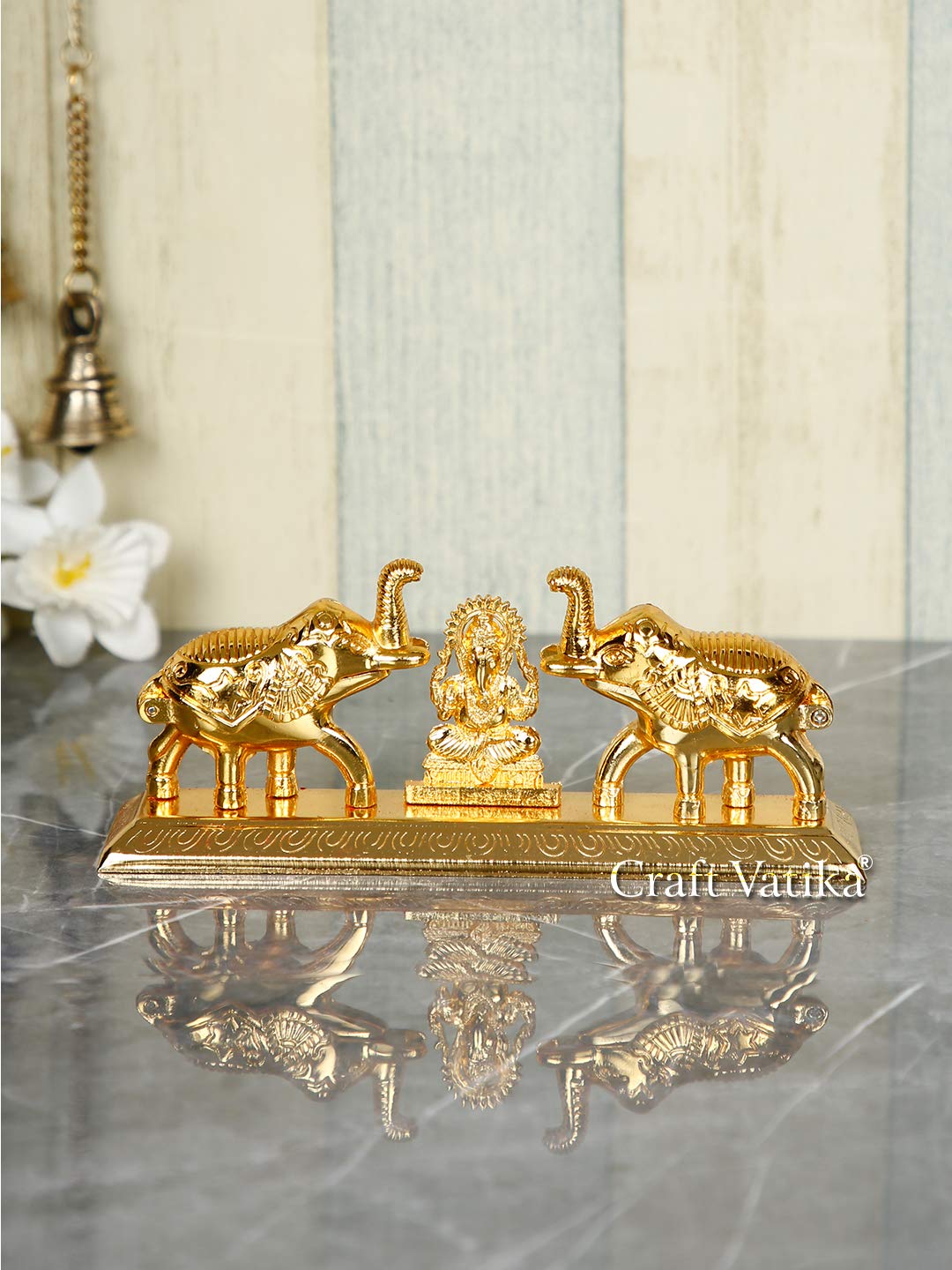 Collectible India Metal Chandan Roli Kumkum Chawal Box with Ganesha Double Sindoor Dani in Elephant, Home Decorative Items Chopda for Pooja and Gift Purpose Golden Finish (6.5 X 3 Inches)