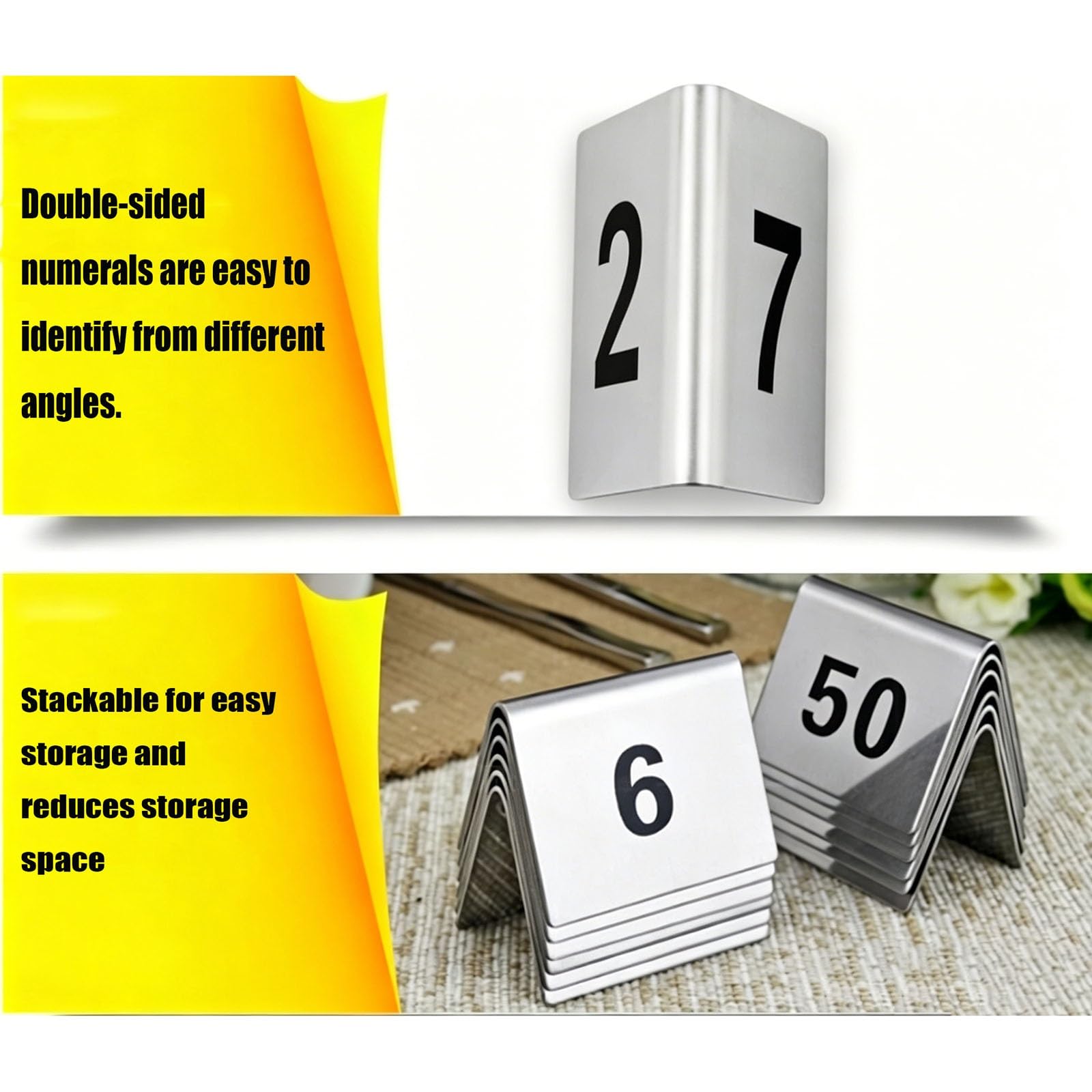 Juego de tarjetas con números de mesa de acero inoxidable, diseño apilable de doble cara, colas en restaurantes e identificación de números de llamada(1-50)