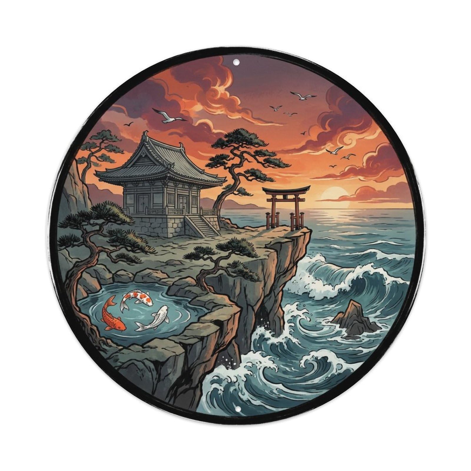 Tgrcjimh Style Metal Tin Sign Japanese Koi Fish Cliff Ocean Temple Dramatic