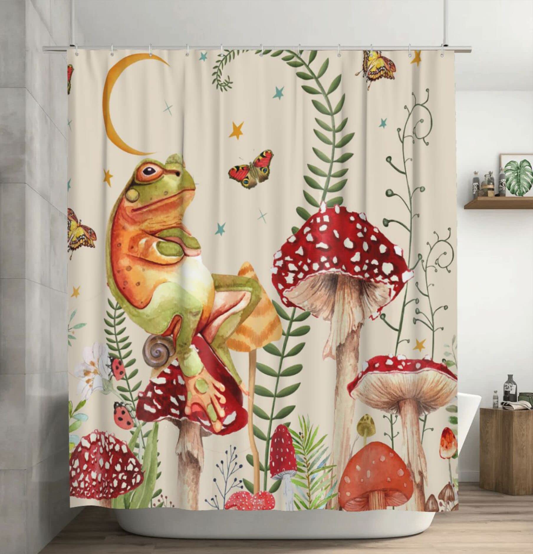 Abaysto Frog Mushroom Boho Shower Curtain with 12 Hooks, Botanical Mushroom Pattern for Bathroom Decor, Waterproof Fabric, 180x180cm