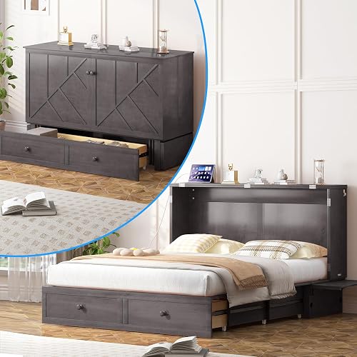 PUREMIND Queen Murphy Bed — Multi-Functional Hideaway Cabinet Bed with Headboard, Space-Saving Wall Bed with USB-C Charging Ports & 2 Storage Drawers for Guest Room, Apartment, Gray