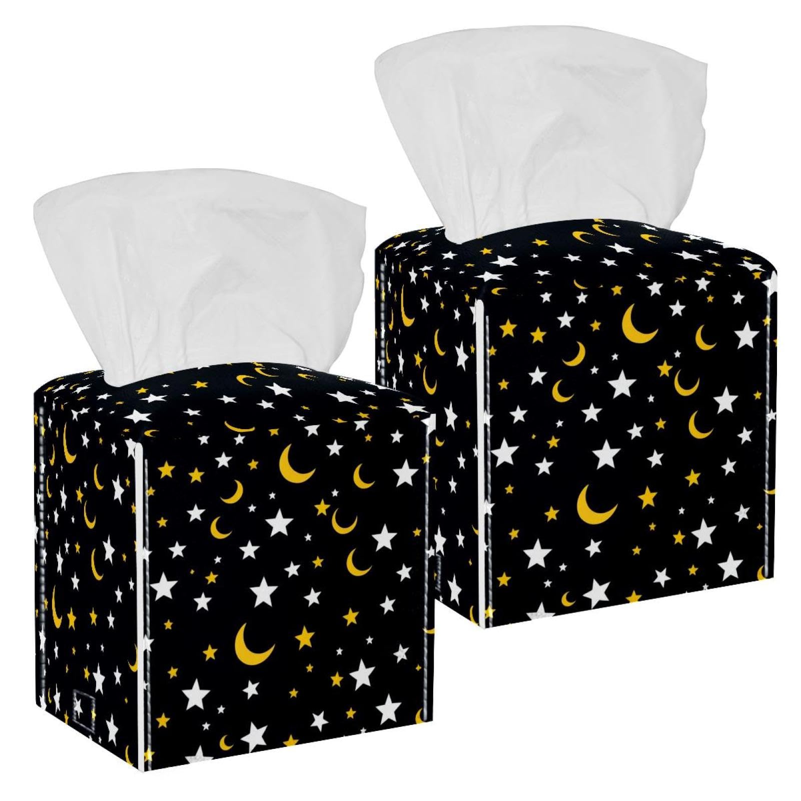 Stars and Moon Tissue Box Cover, 2 Pack PU Leather Square Facial Tissue Dispenser Box holder for Home Office Car