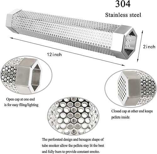 Miniatura 7 de Tubo de ahumador de pellets de acero inoxidable de 12 pulgadas para ahumar en caliente o frío, 5 horas de humo de bolitas, tubo de ahumador de