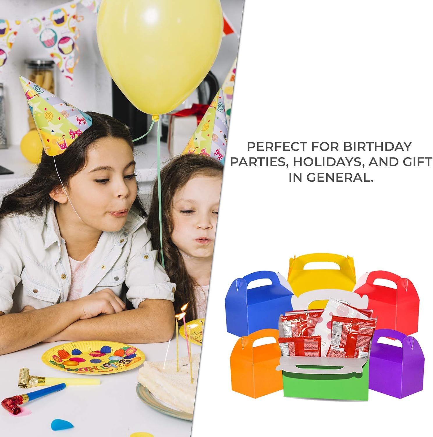 Treat Gift Boxes (Pack of 12) - Gable Paper Box for Gifts, Cupcake, Cookies, Candy and Goodies - Birthday Party Favor 6.25" x 3.75" x 3.5" (Black)