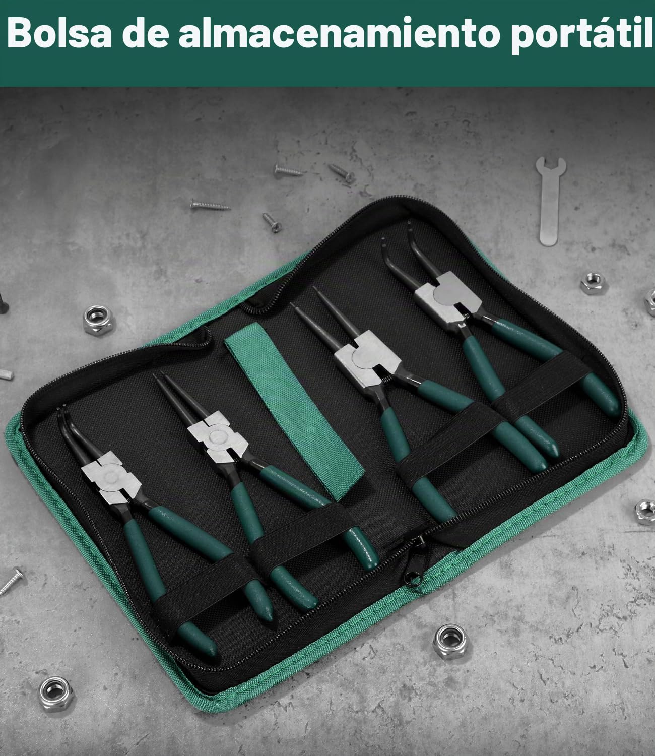 LEAZZLE 4 Piezas 180mm Juego de Alicates Circlip con bolsas de almacenamiento, Alicates Circlip rectos curvados con resorte de precisión, para Anillos de Retencion Interiores y Externos