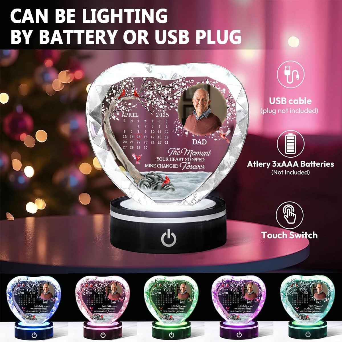 Wrappiness Custom Photo Crystal LED Light - Personalized Memorial Gift for Loss of Loved One - Elegant Memorial Crystal Light for Remembrance Keepsake (Light 01)