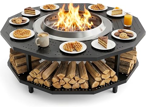 41" Fire Pit Surround Tabletop for Solo Stove Bonfire and Ranger Portable Protective Barrier for Wood Burning Fire Pits Outdoor Bonfire Fire Pit with Firewood Storage Shelf