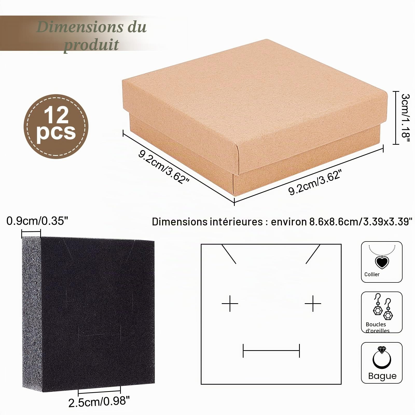 NBEADS 12 Pcs Boîte à Bijoux en papier Kraft, Écrin Cadeau en Papier avec Mousse Noire Intérieure Boîte Cadeau pour Collier, Bague, Bracelet, Anniversaire, Noël, Festival, Mariage, 9x9x3cm