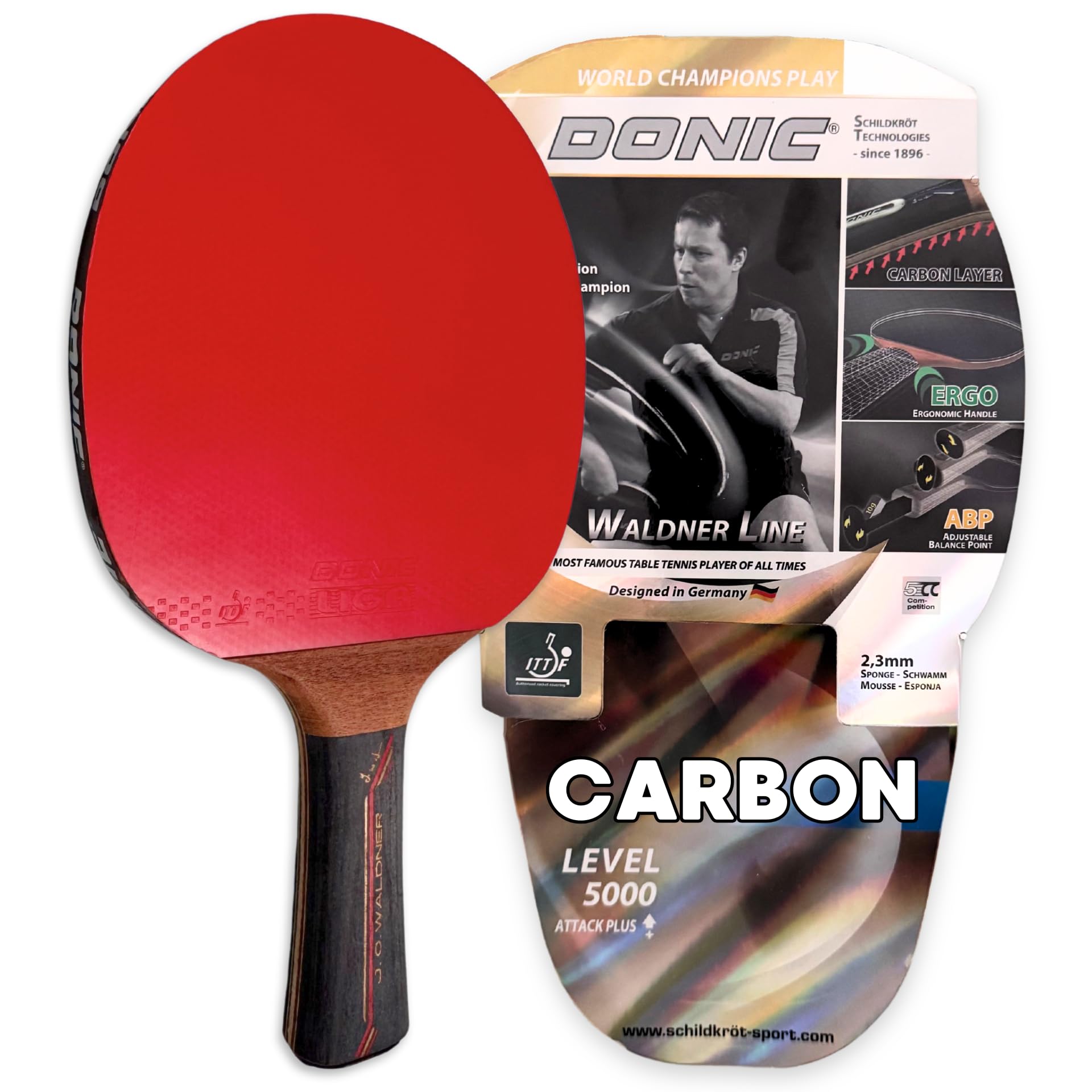Donic-Schildkröt Waldner 5000 Table Tennis Bat, ABP Handle, Sponge 2.3 mm, Carbon Wood, Liga Pad - ITTF, 751805