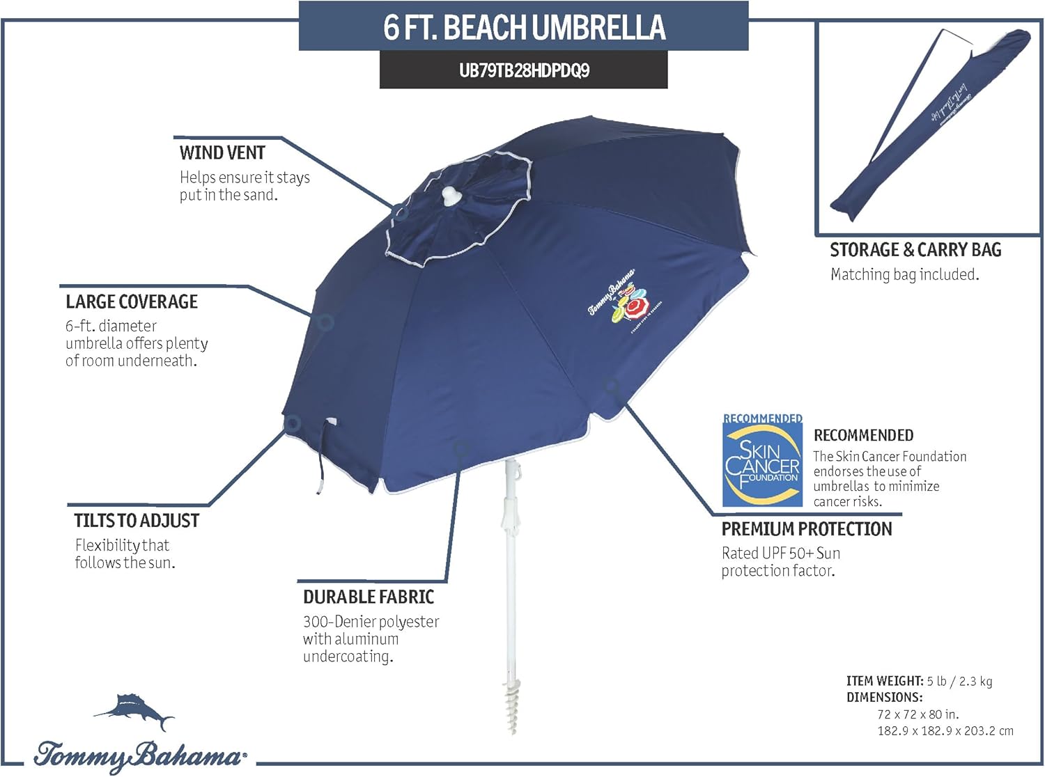 Tommy Bahama 6' UPF 50+ Tilt Beach Umbrella with Integrated Sand Anchor, Wind Vent, and Carry Bag
