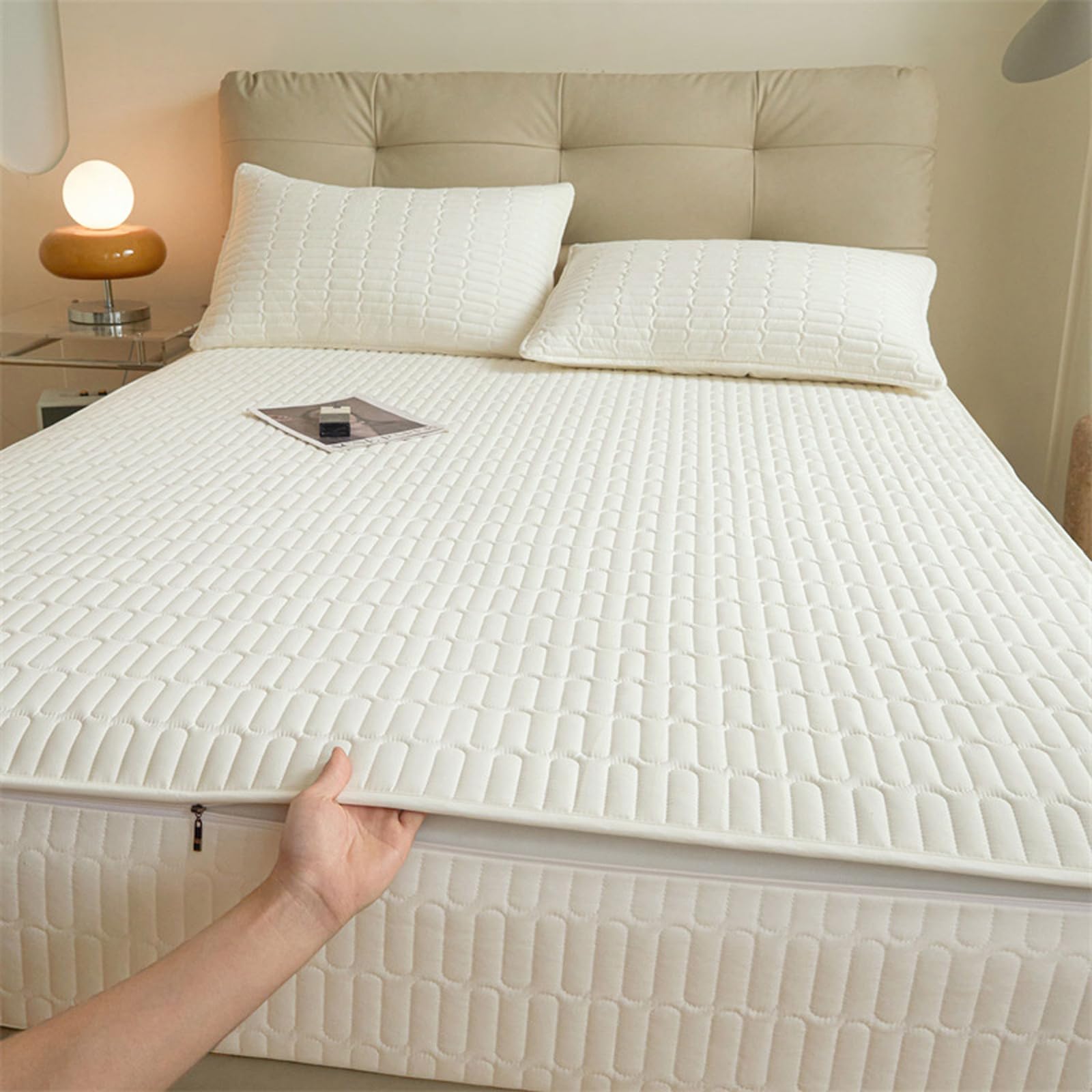 Housse de Matelas matelassée Lavable, protège-Matelas Personnalisable, Housse de Matelas Monobloc en différentes Tailles, Respirante et Facile à Nettoyer-White- 140x200+25cm