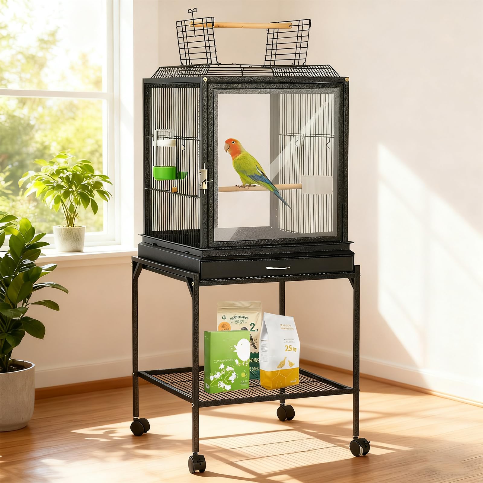 Gabbia per uccelli in acrilico, aperta in alto, con dispositivo per bere e due mangiatoie con telaio a rotelle, fondo e asta in legno, dimensioni 46,5 x 45,5 x 102 cm, gabbia per pappagallo